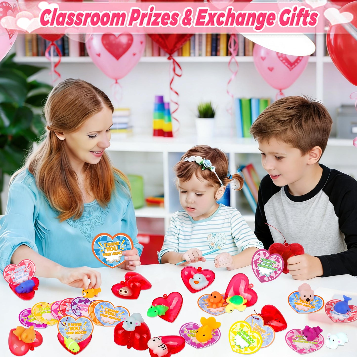 FLYSNK 28 Pack Mochi Squishes Valentines Day Cards for Kids – Classroom Gifts, Exchange Cards & Party Favors