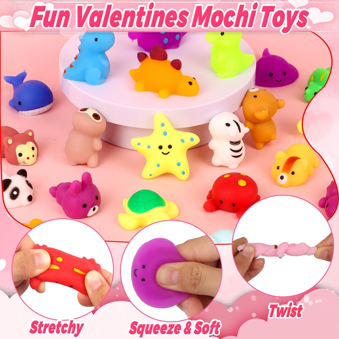 Flysnk 28-Pack Mochi Squish Valentines Cards & Red Heart Cases — Classroom Gift Set