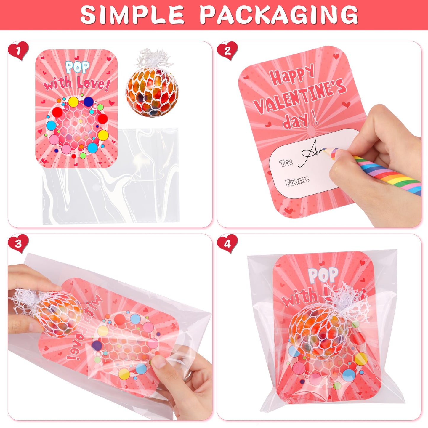 FLYSNK 24 Pack Valentines Day Cards with Grape Stress Balls | Classroom Gifts, Party Favors & School Prizes