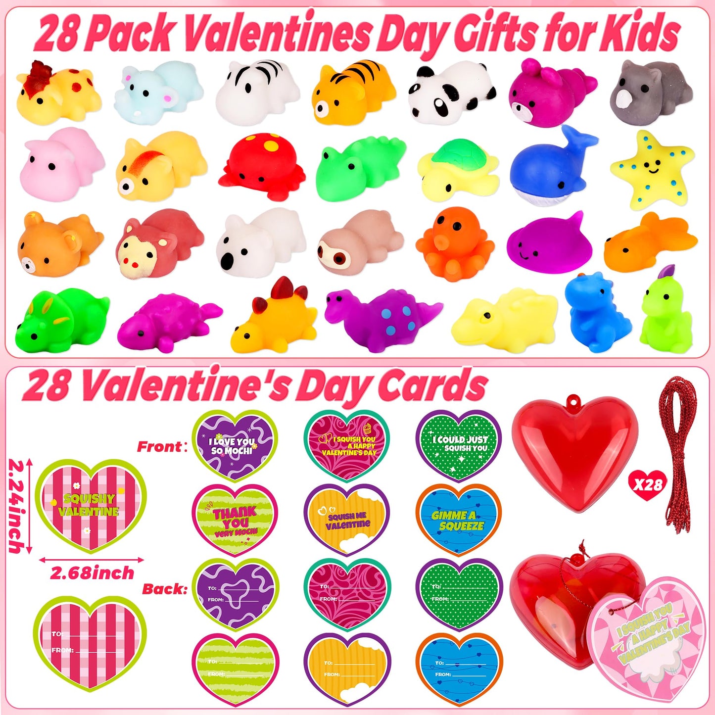 Flysnk 28-Pack Mochi Squish Valentines Cards & Red Heart Cases — Classroom Gift Set