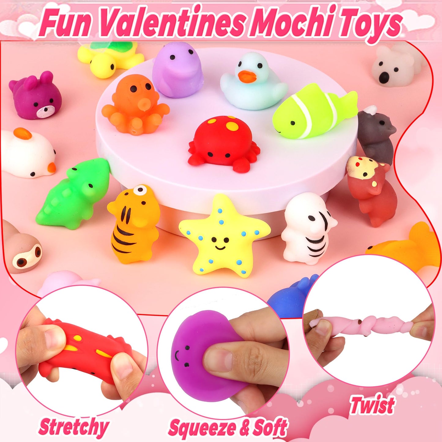 FLYSNK 28 Pack Mochi Squishes Valentines Day Cards for Kids – Classroom Gifts, Exchange Cards & Party Favors