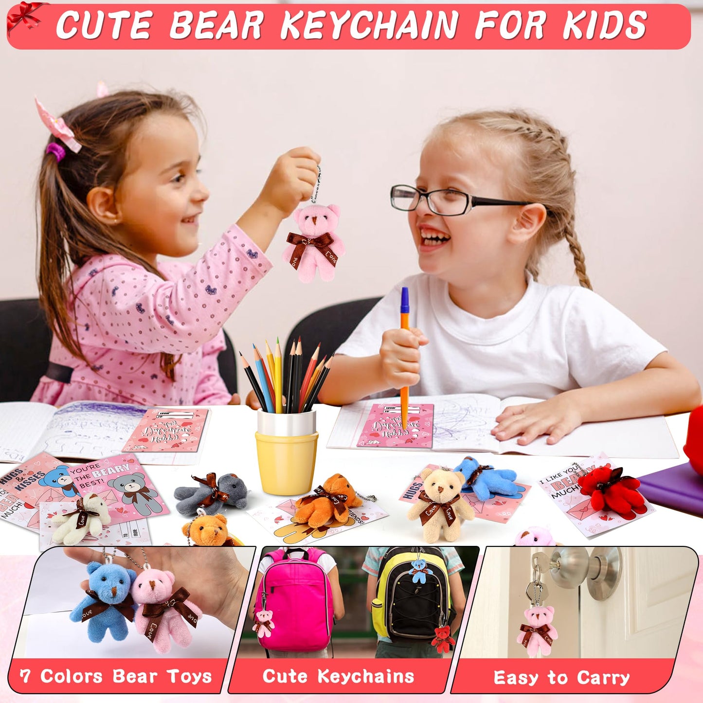 FLYSNK 28-Pack Valentines Cards & Mini Bear Plush Toys for Classroom Gifts