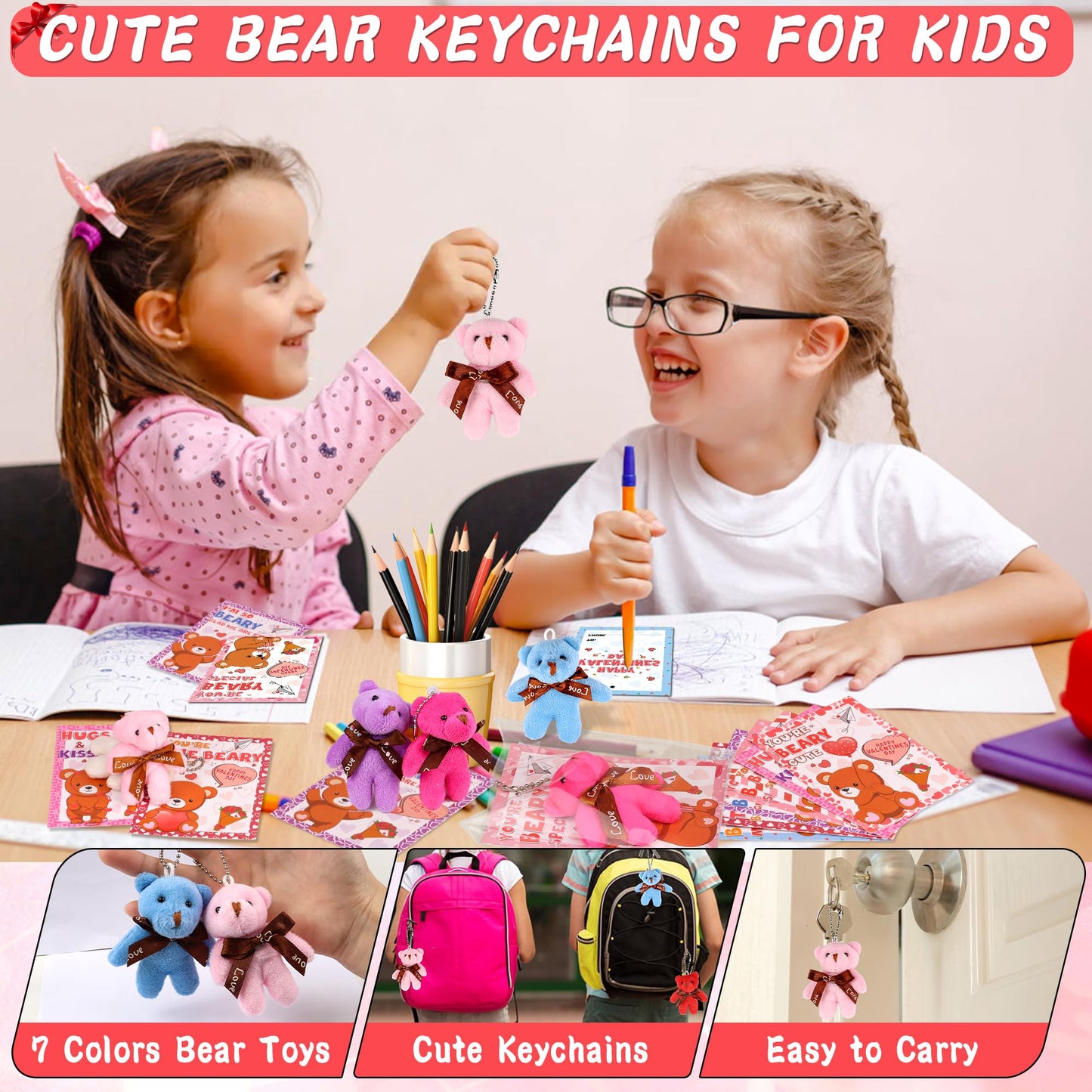 FLYSNK 28-Pack Valentines Day Gifts for Kids | Mini Plush Bear Keychains & Cards