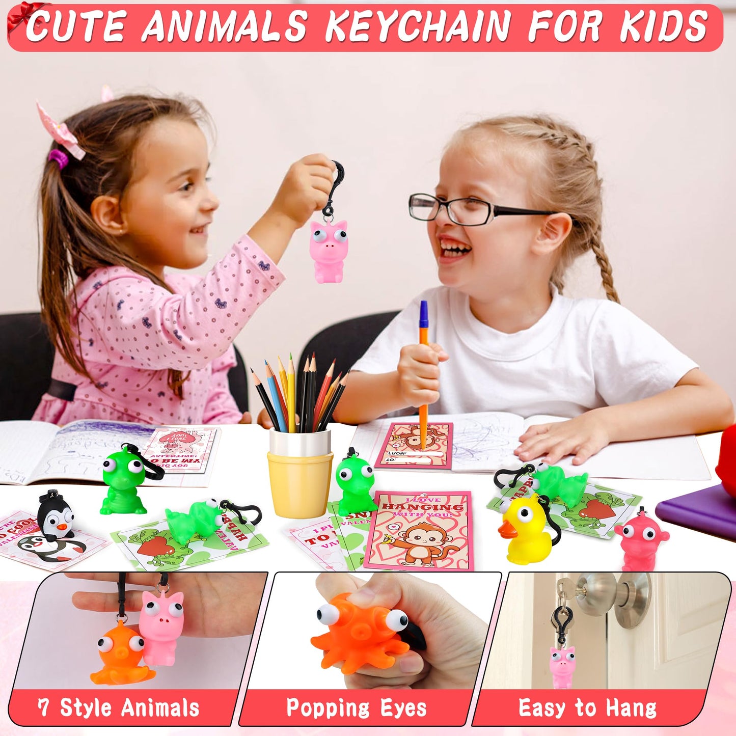 FLYSNK 28-Pack Valentines Cards for Kids | Classroom Gift Set with Animal Keychains