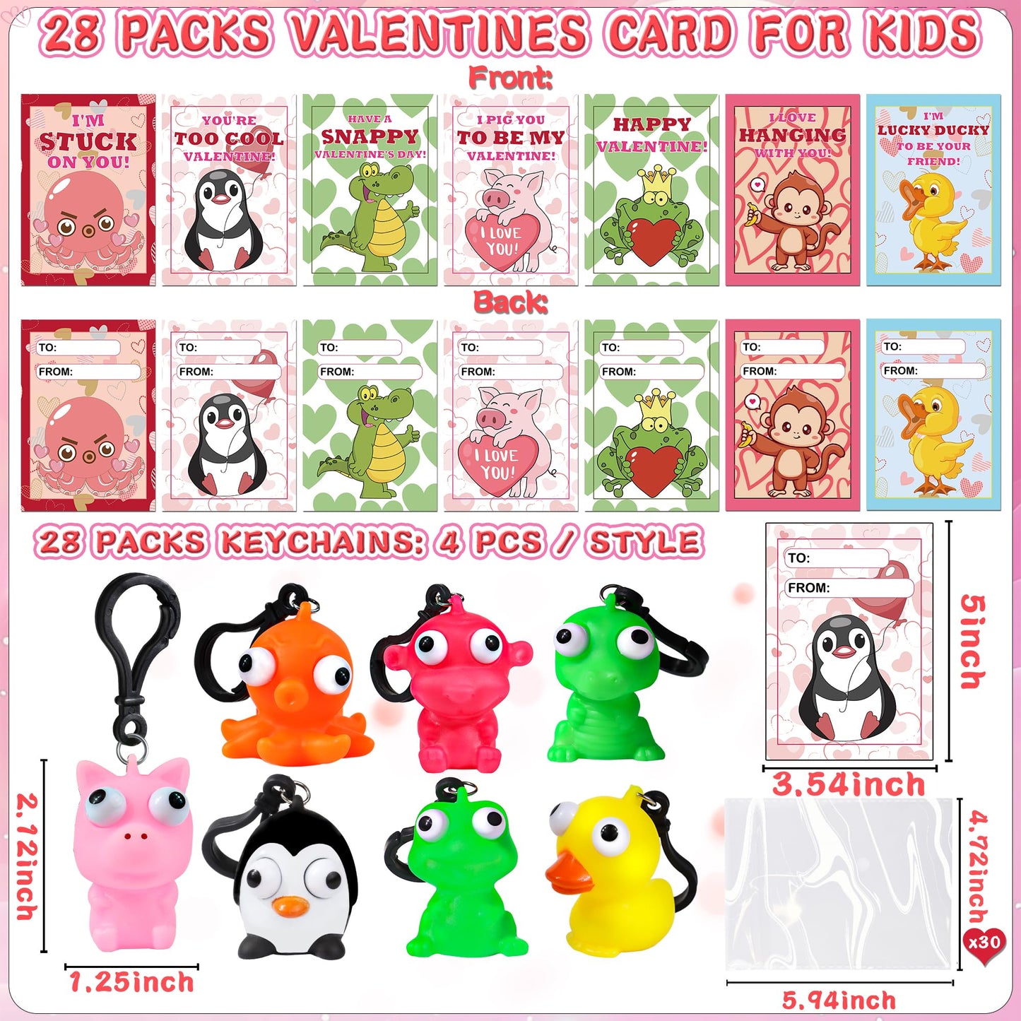 FLYSNK 28-Pack Valentines Cards for Kids | Classroom Gift Set with Animal Keychains