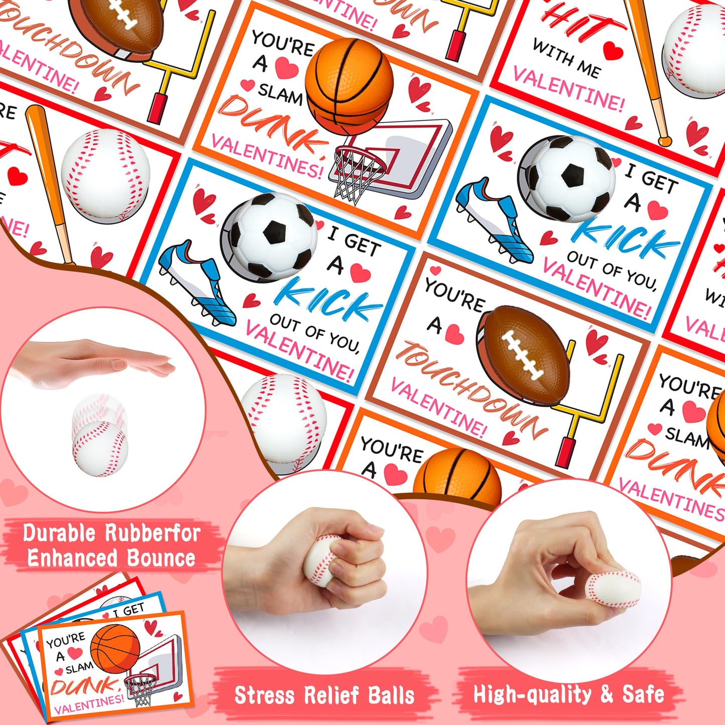 FLYSNK 28-Pack Stress Ball Valentines Cards – Classroom Sports Gift Set