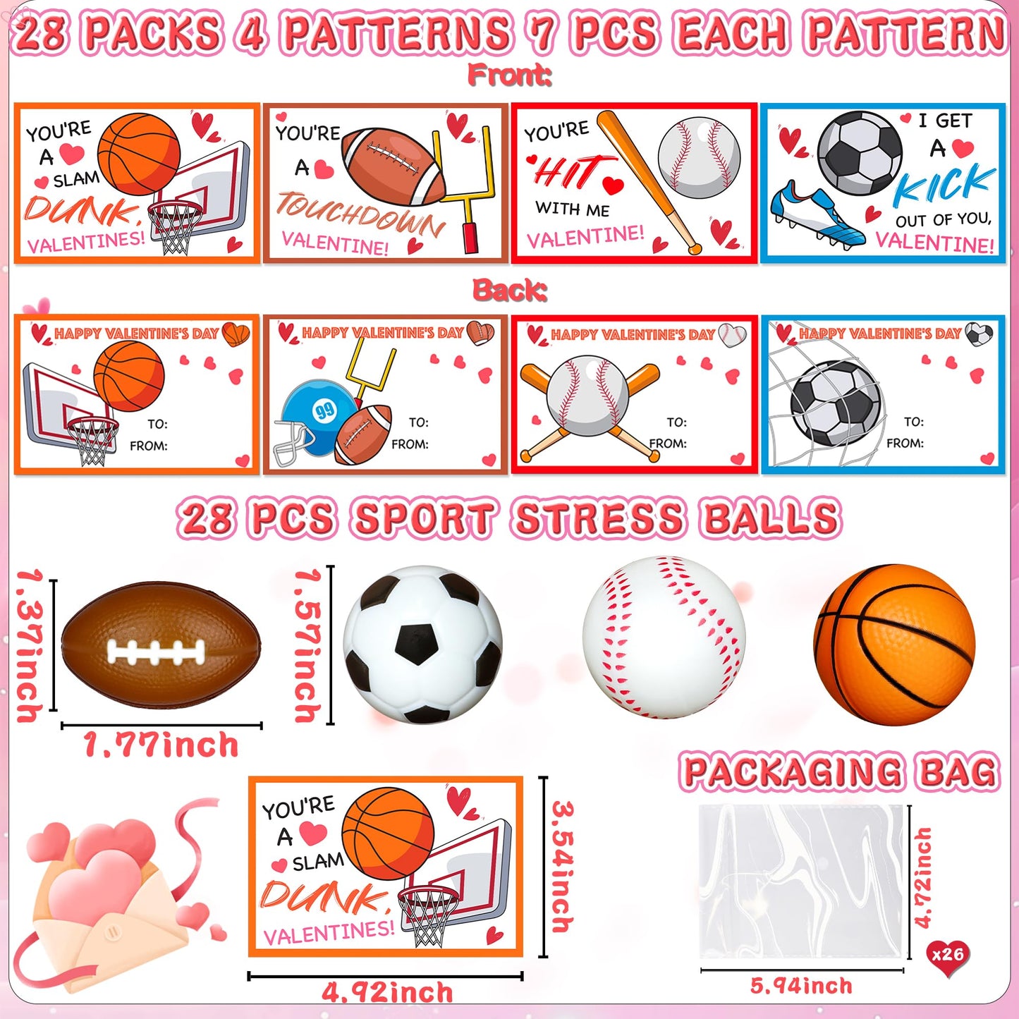 FLYSNK 28-Pack Stress Ball Valentines Cards – Classroom Sports Gift Set