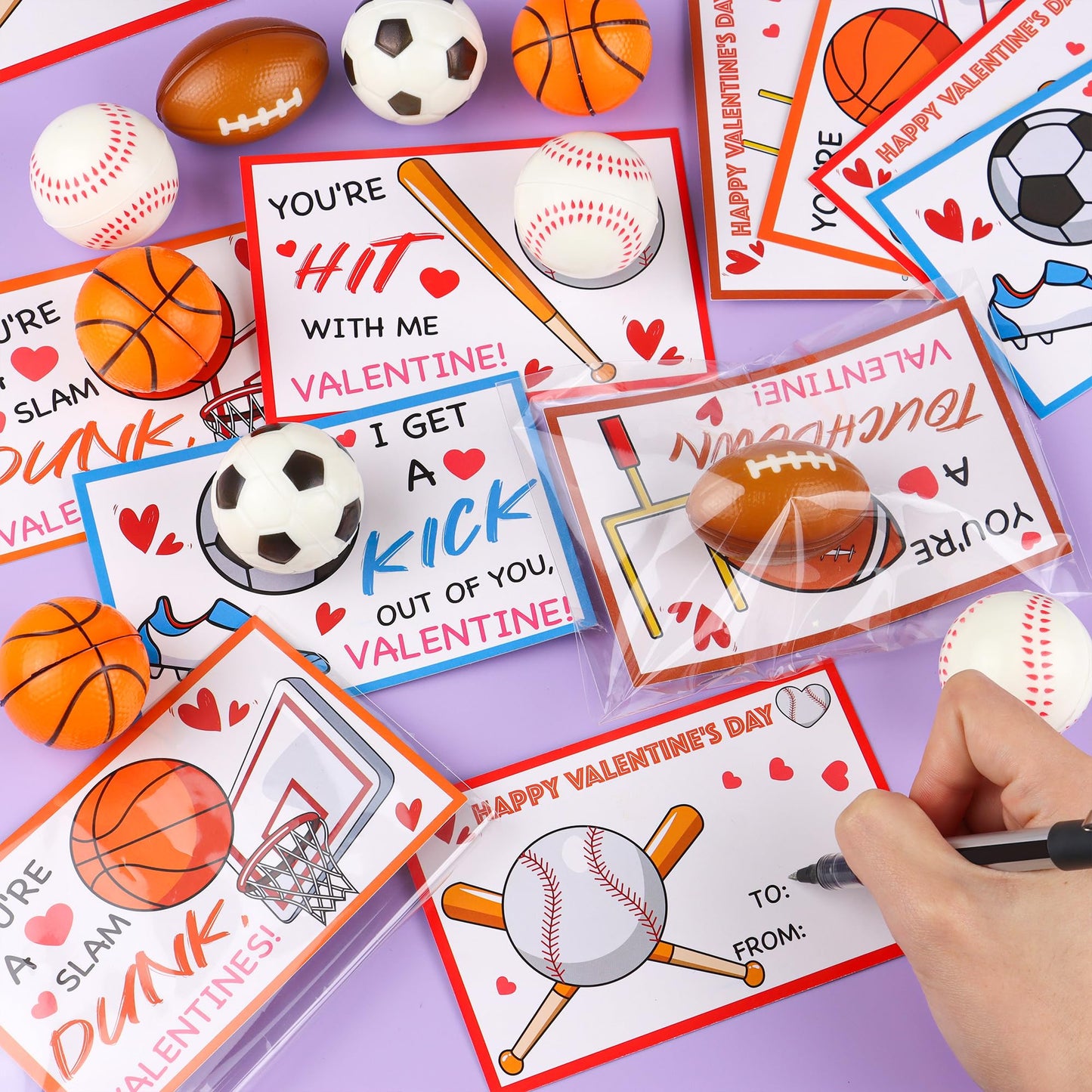 FLYSNK 28-Pack Stress Ball Valentines Cards – Classroom Sports Gift Set