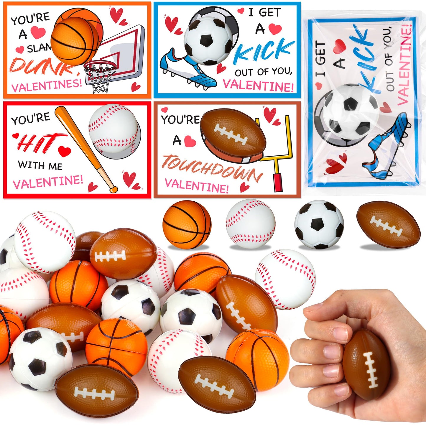 FLYSNK 28-Pack Stress Ball Valentines Cards – Classroom Sports Gift Set