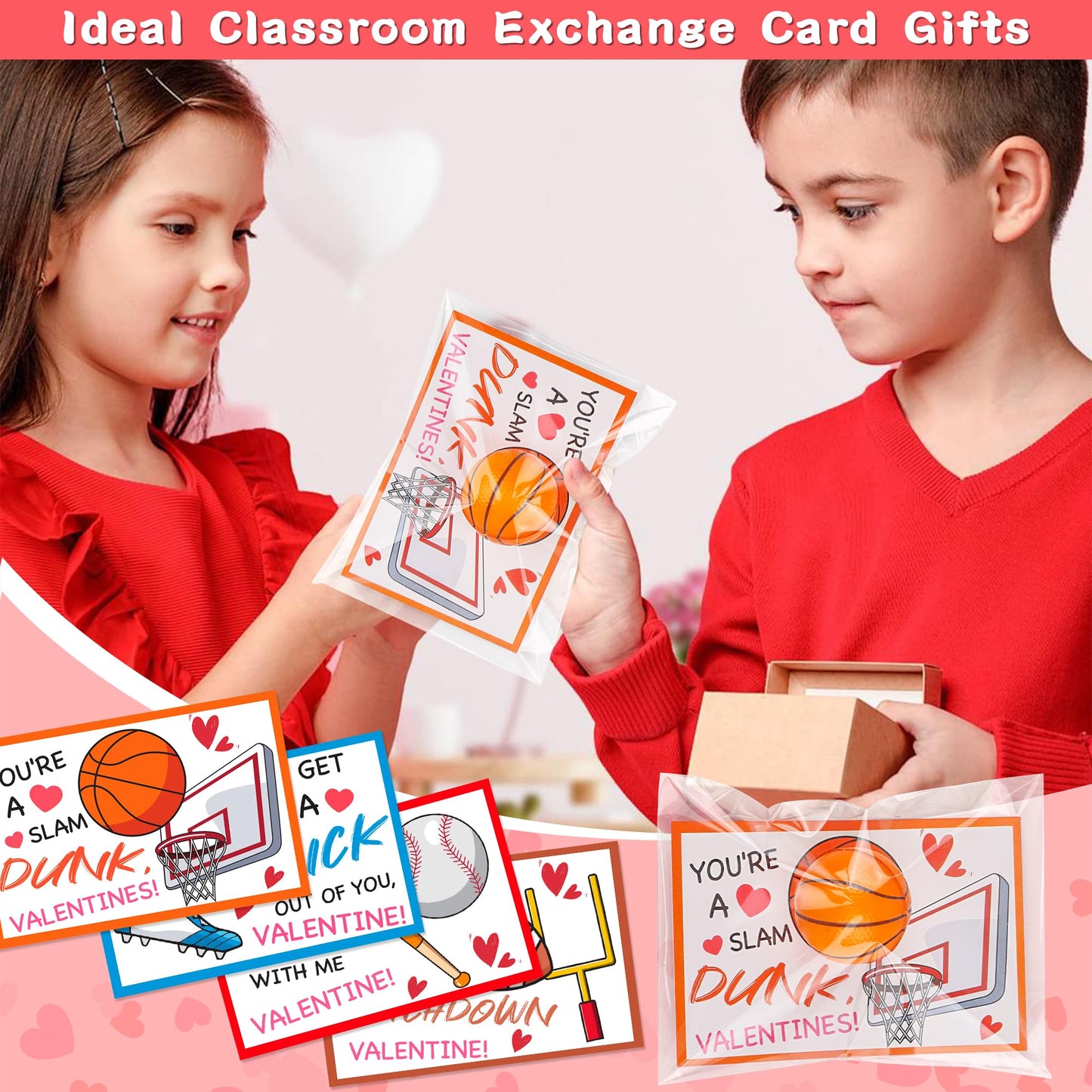 FLYSNK 28-Pack Stress Ball Valentines Cards – Classroom Sports Gift Set