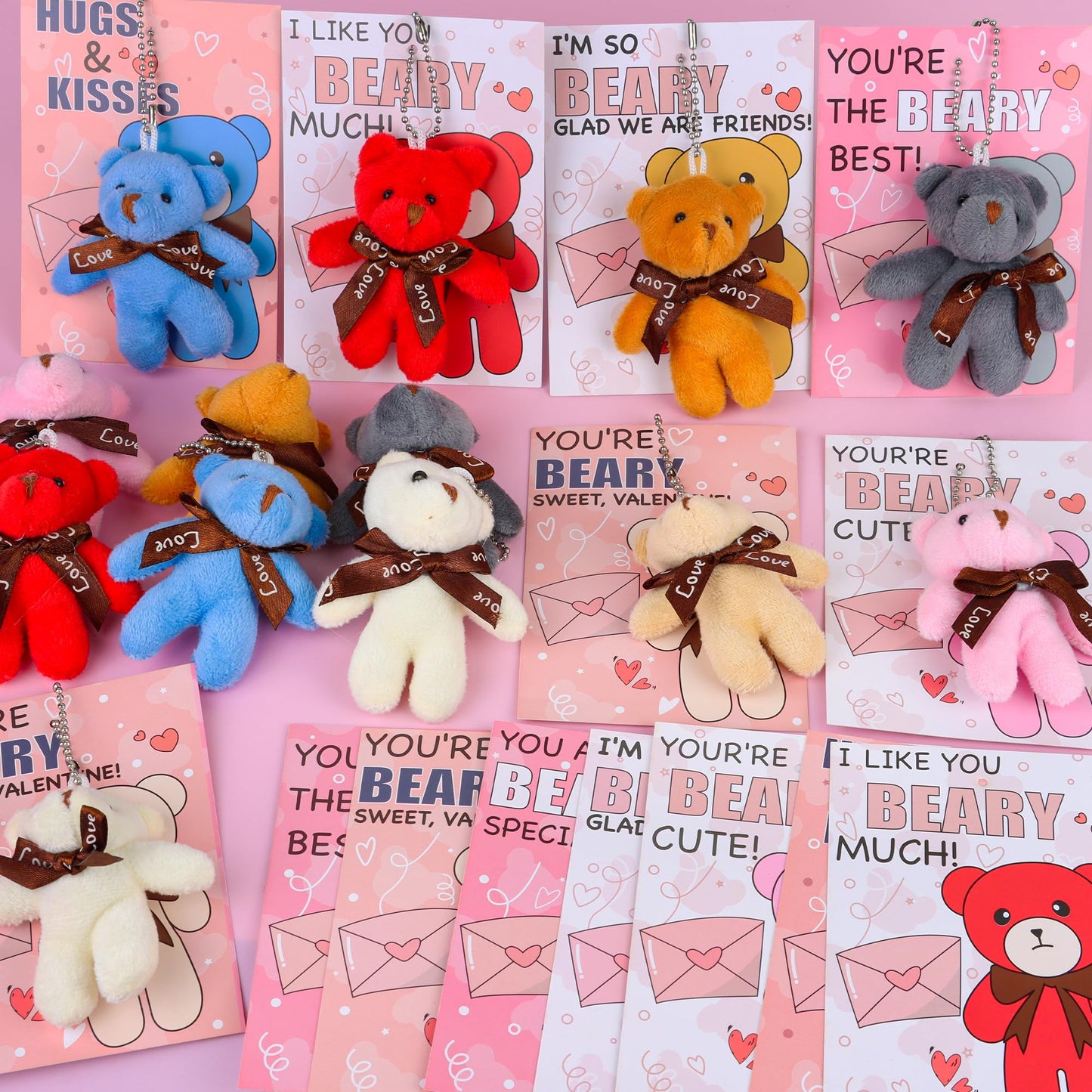 FLYSNK 28-Pack Valentines Cards & Mini Bear Plush Toys for Classroom Gifts