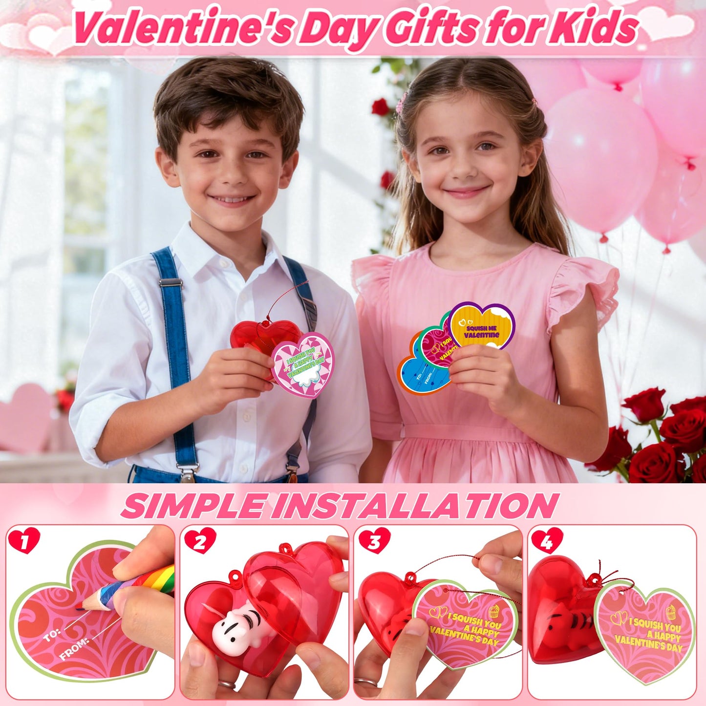Flysnk 28-Pack Mochi Squish Valentines Cards & Red Heart Cases — Classroom Gift Set