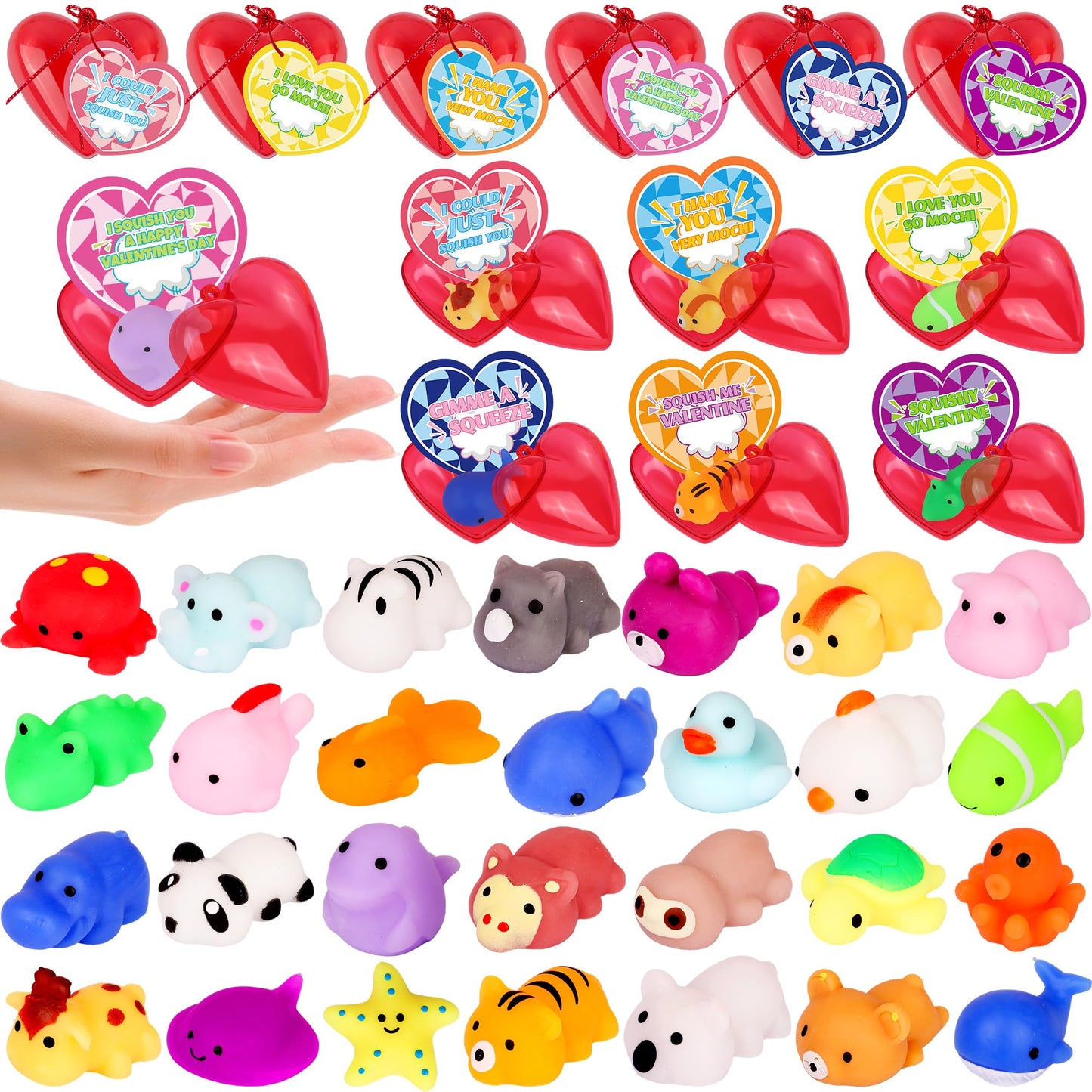 FLYSNK 28 Pack Mochi Squishes Valentines Day Cards for Kids – Classroom Gifts, Exchange Cards & Party Favors