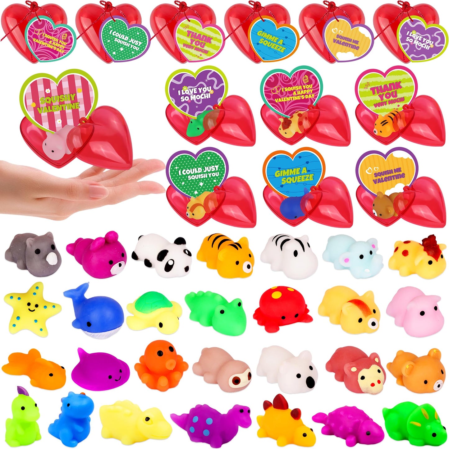 Flysnk 28-Pack Mochi Squish Valentines Cards & Red Heart Cases — Classroom Gift Set