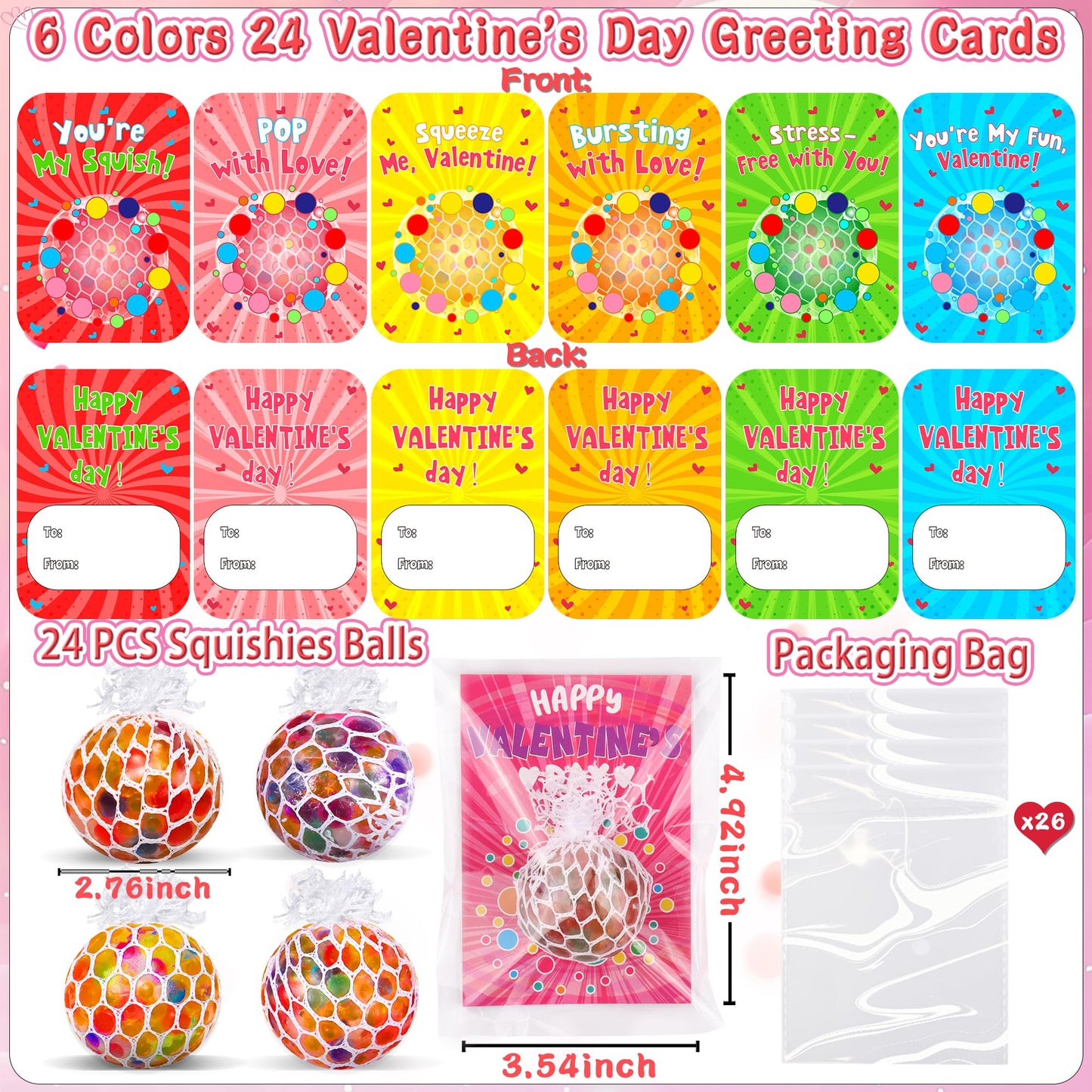 FLYSNK 24 Pack Valentines Day Cards with Grape Stress Balls | Classroom Gifts, Party Favors & School Prizes