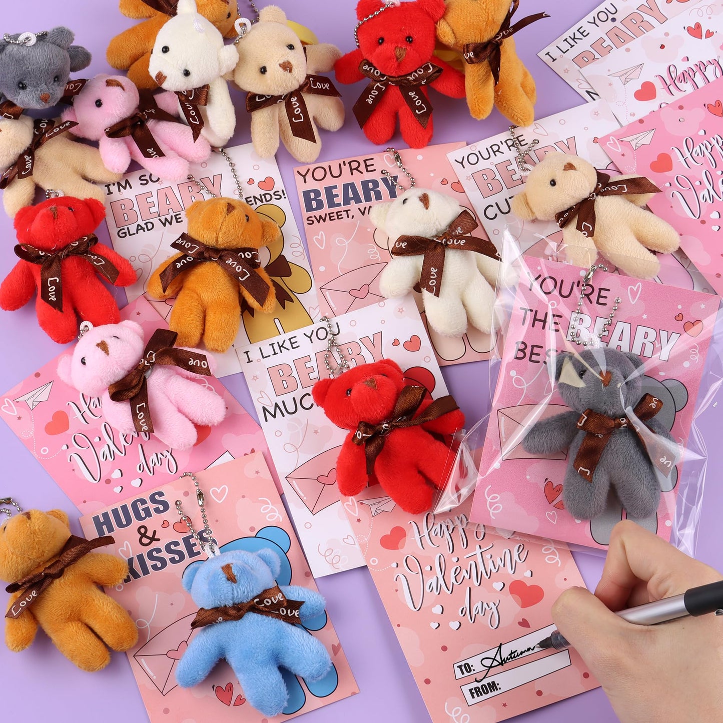FLYSNK 28-Pack Valentines Cards & Mini Bear Plush Toys for Classroom Gifts