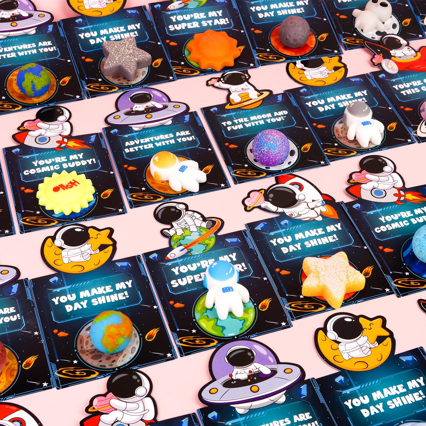 FLYSNK 28-Pack Galaxy Mochi Valentines Cards & Fidget Toys for Kids