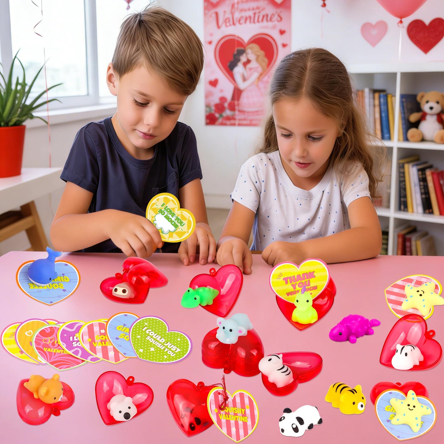 Flysnk 28-Pack Mochi Squish Valentines Cards & Red Heart Cases — Classroom Gift Set