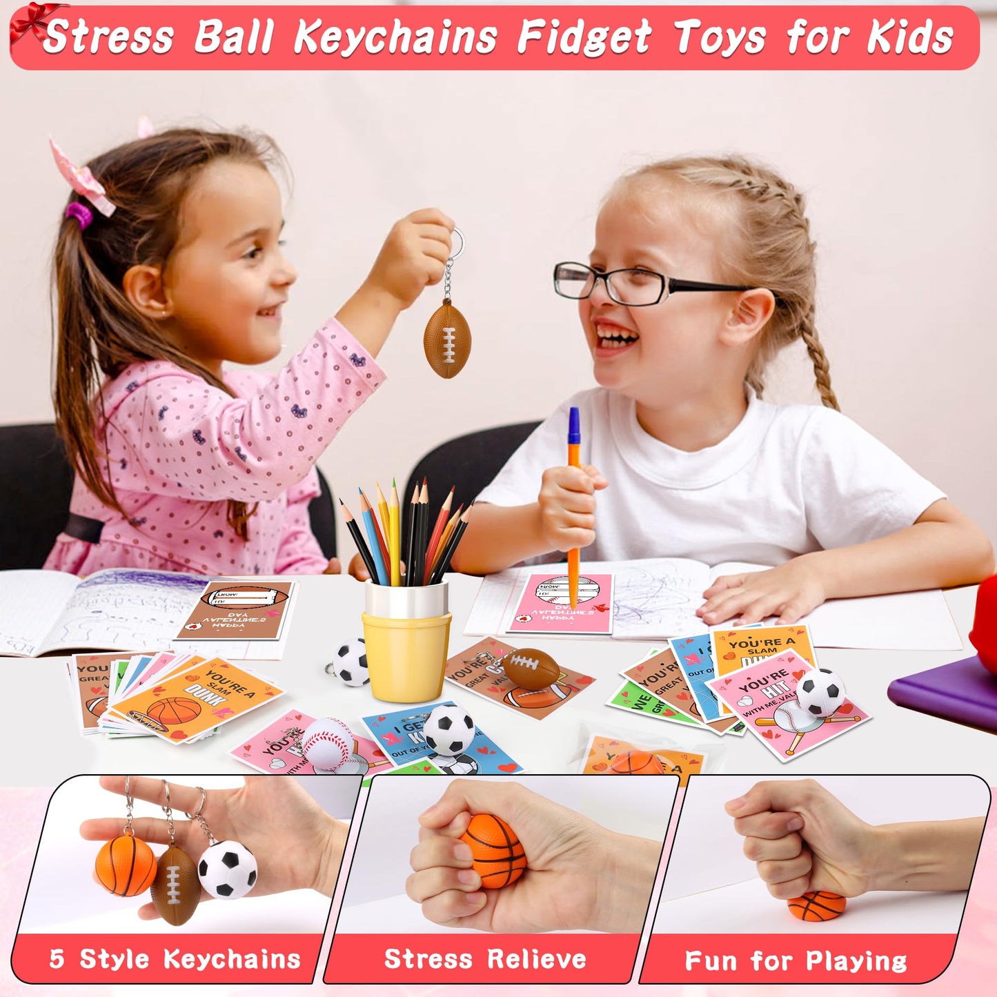FLYSNK 30-Pack Valentines Cards with Stress Ball Keychains — Sports-Themed Classroom Valentines & Party Favors