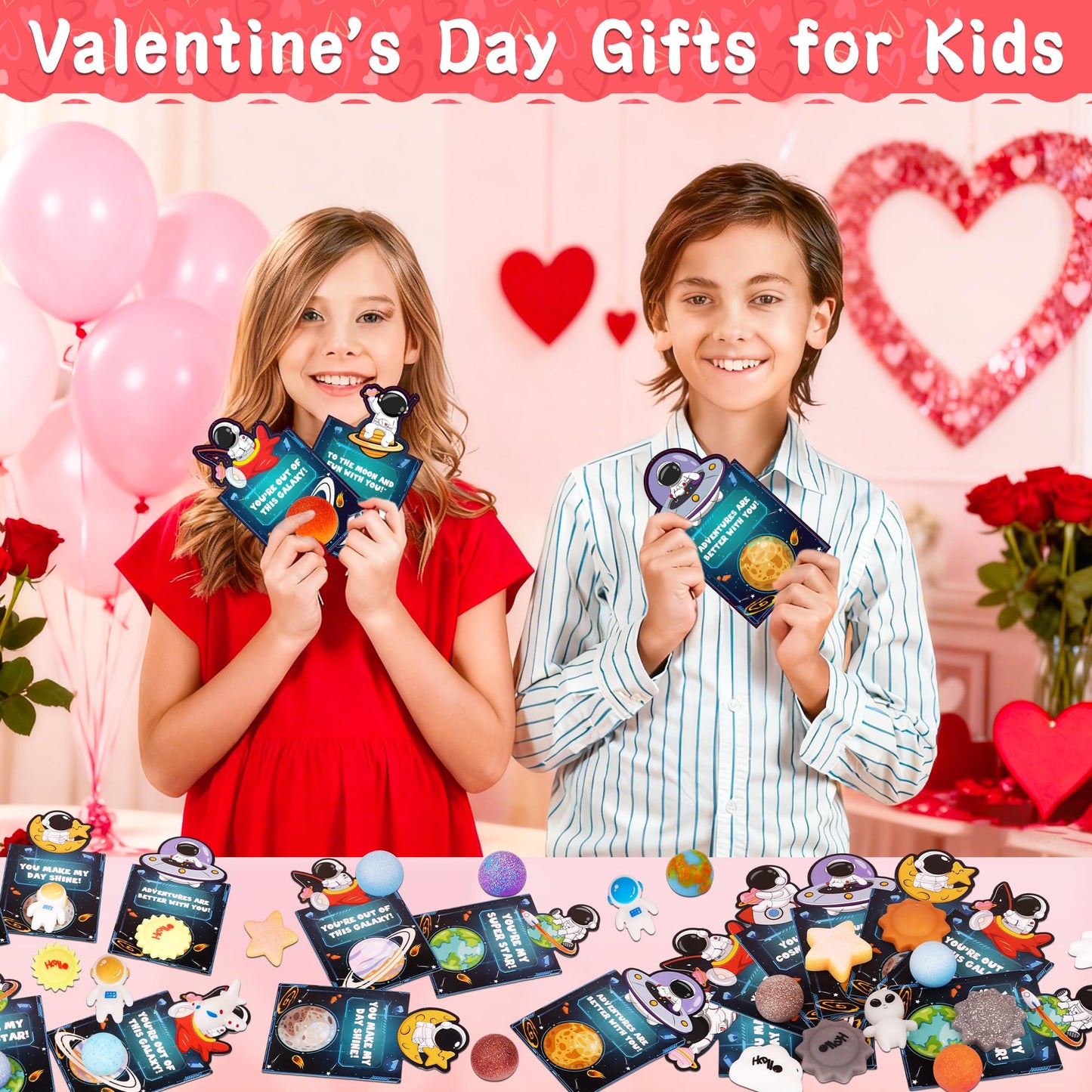 FLYSNK 28-Pack Galaxy Mochi Valentines Cards & Fidget Toys for Kids