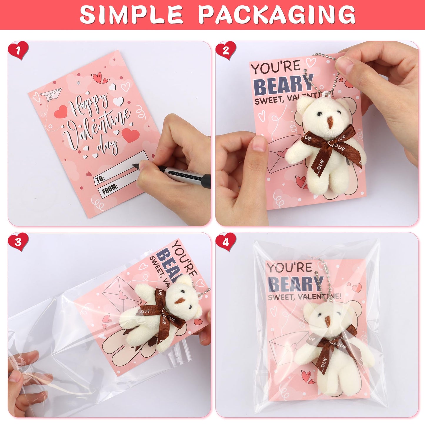 FLYSNK 28-Pack Valentines Cards & Mini Bear Plush Toys for Classroom Gifts