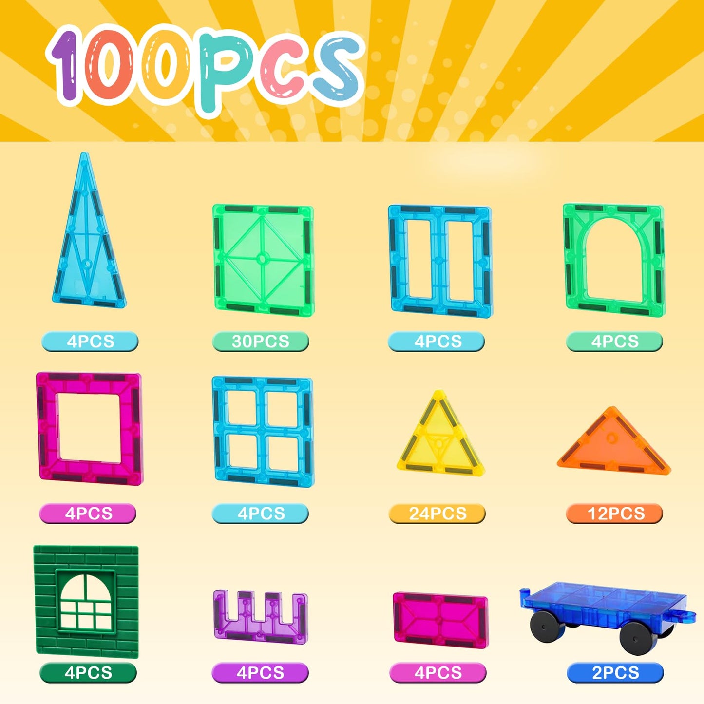 FNJO Magnetic Tiles 100PCS – STEM Building Toy Set for Kids and Classrooms