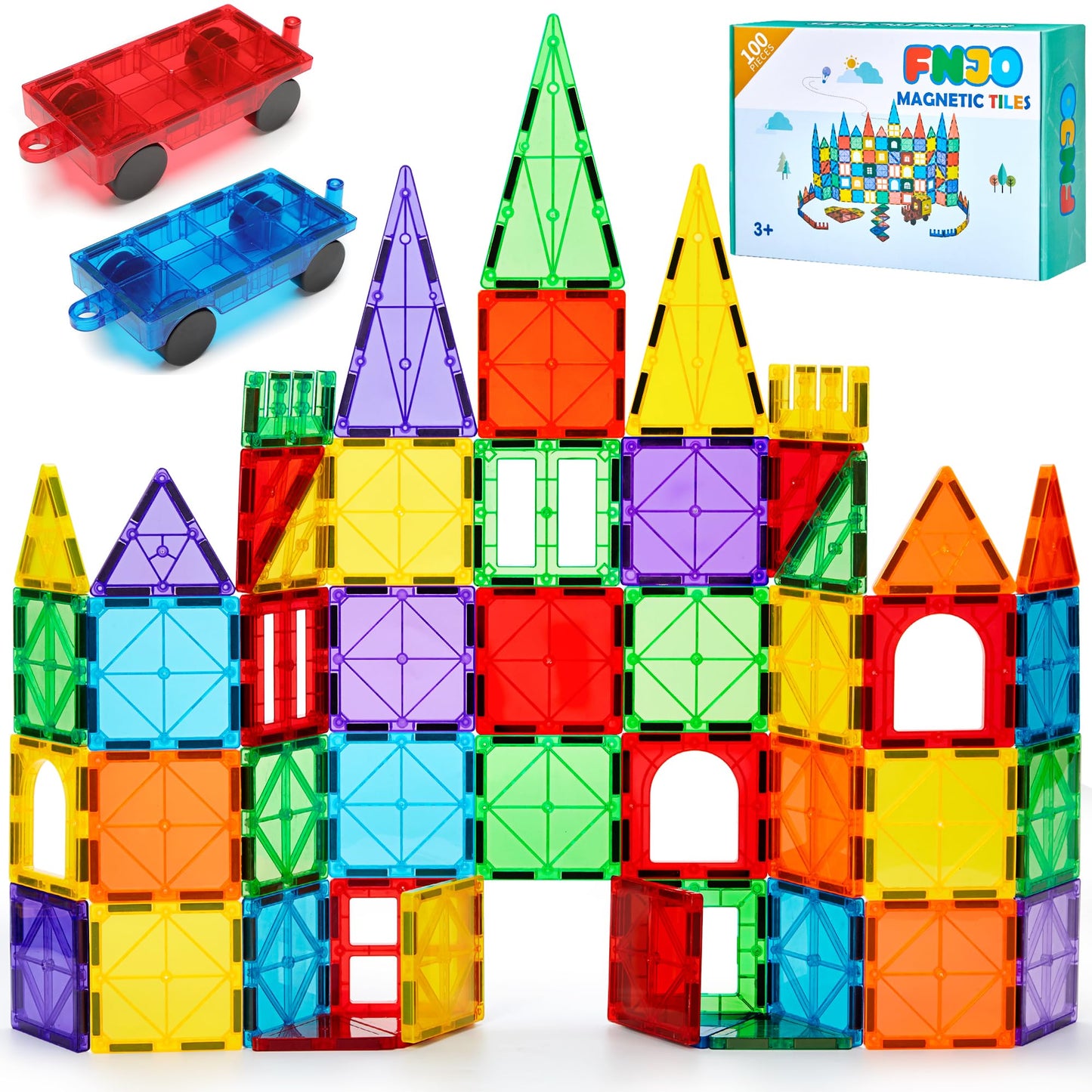 FNJO Magnetic Tiles 100PCS – STEM Building Toy Set for Kids and Classrooms