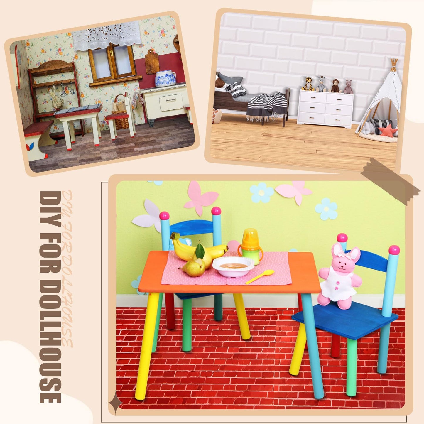 FOBSME 12 Sheets Miniature Dollhouse Wallpaper & Flooring – Self-Adhesive PVC Wall Tiles, 8.27 x 11.69 in, 4 Styles