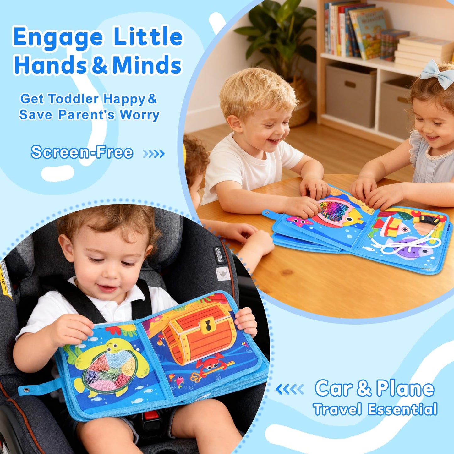 FoenixArte Ocean Busy Book for Toddlers (Ages 1-3) – Montessori 20-in-1 Sea Animals Toy | Travel-Friendly Busy Board
