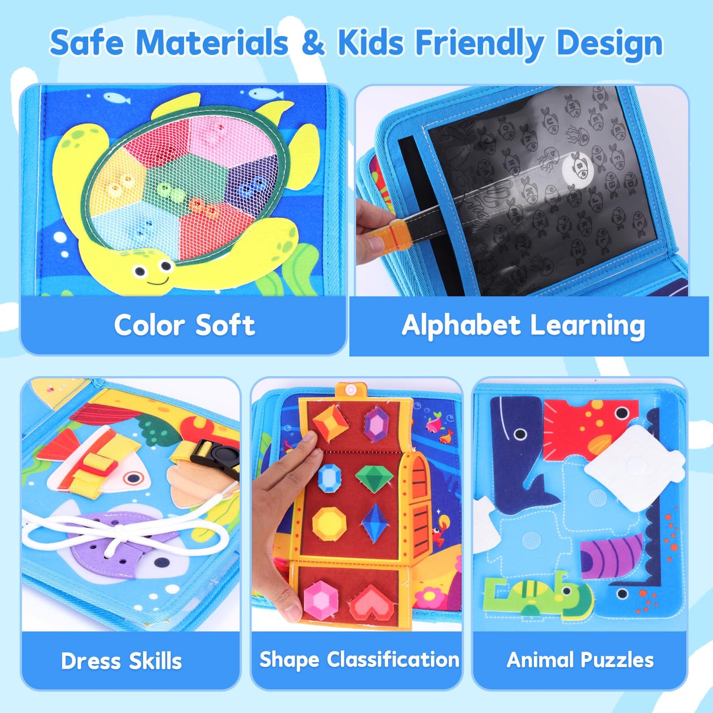 FoenixArte Ocean Busy Book for Toddlers (Ages 1-3) – Montessori 20-in-1 Sea Animals Toy | Travel-Friendly Busy Board