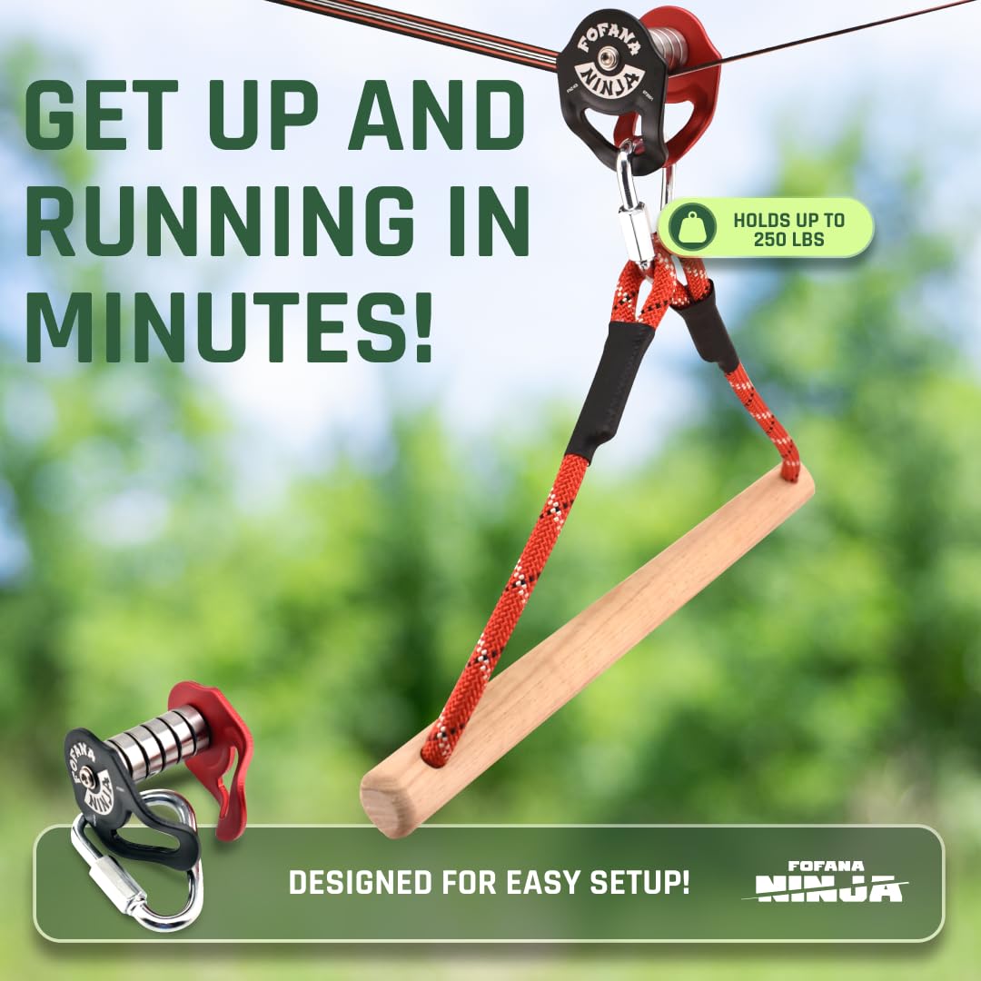 Fofana Ninja Slider Slackline Pulley – Red Stainless, 250 lb, Quick 2-Min Setup