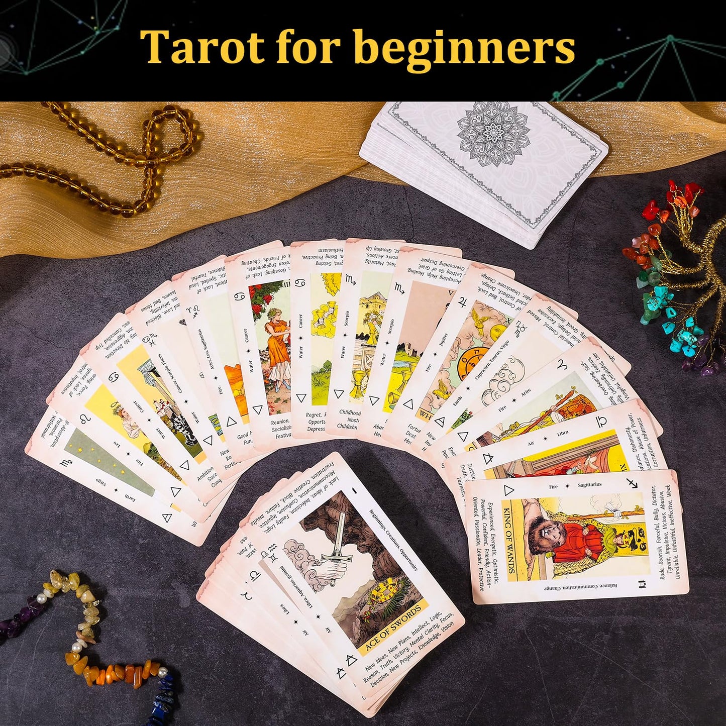 Fofeadm Tarot Cards for Beginners – 78-Card Tarot Deck + Guide Book, Durable 350GSM
