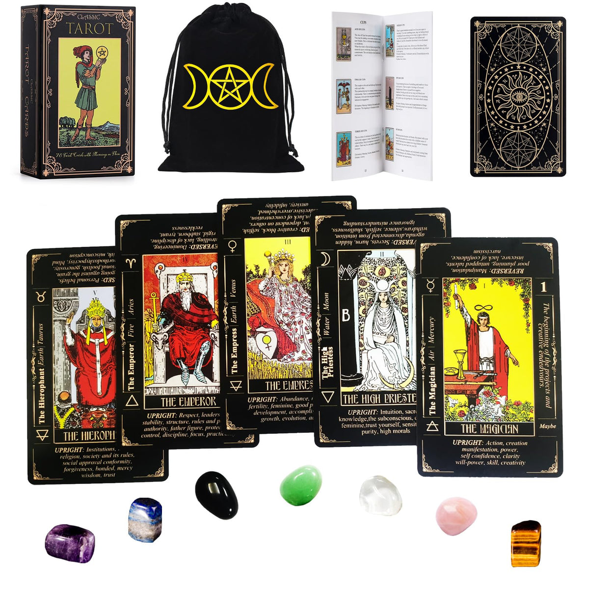 Fofeadm Tarot Cards Set with Guide Book, Linen Carry Bag & Chakra Stones – 78 Card Deck for Beginners to Experts