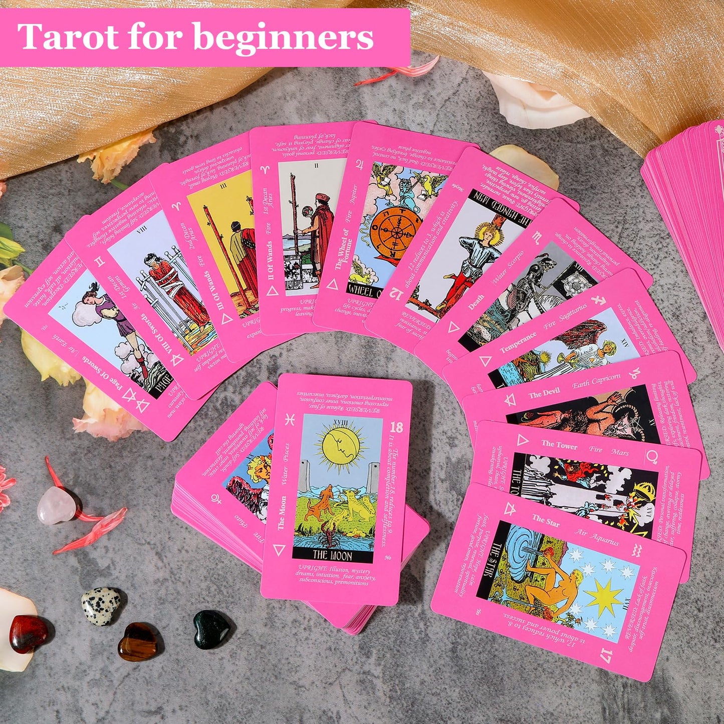 Fofeadm Pink Tarot Cards for Beginners - Deck with Meaning & Guide Book