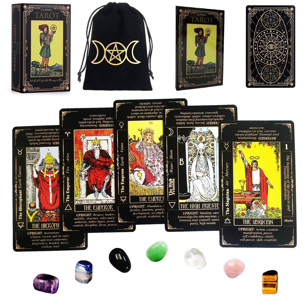 Fofeadm Tarot Cards Set with Guide Book, Linen Carry Bag & Chakra Stones – 78 Card Deck for Beginners to Experts
