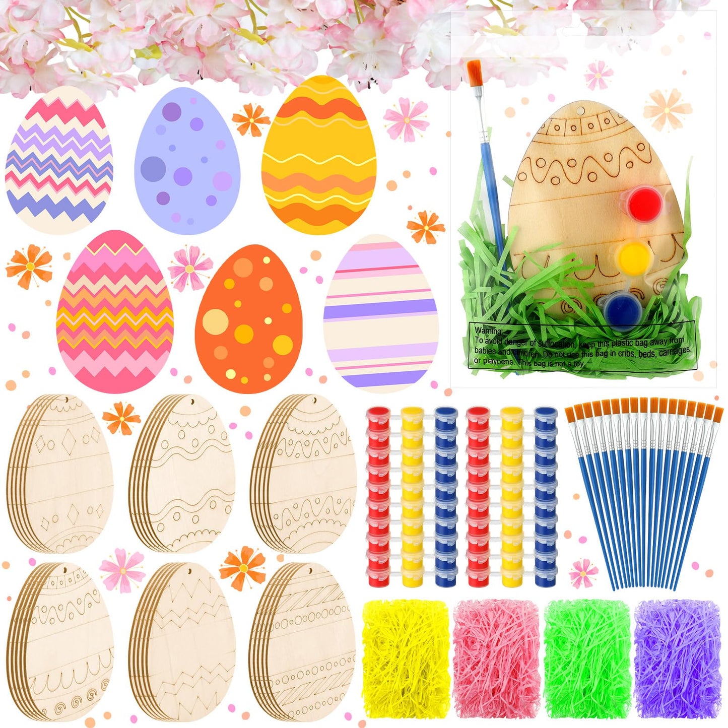 Foilswirl 30 Sets Wooden Easter Egg Ornaments to Paint – DIY Craft Kit with Paints, Brushes & Raffia