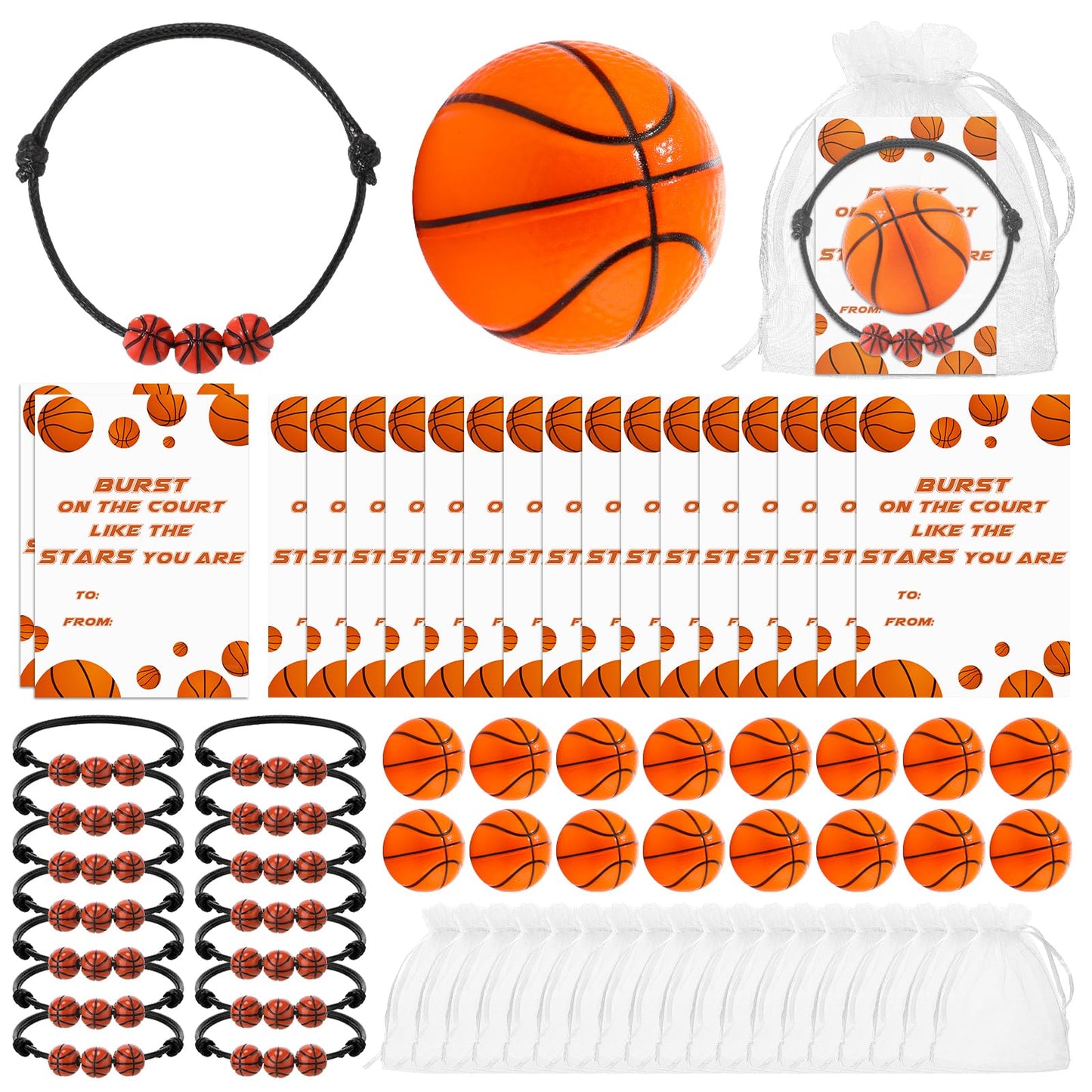 Foilswirl 18 Sets Basketball Gifts Bulk – Mini Stress Balls, Bracelets, Inspirational Cards & Organza Bags