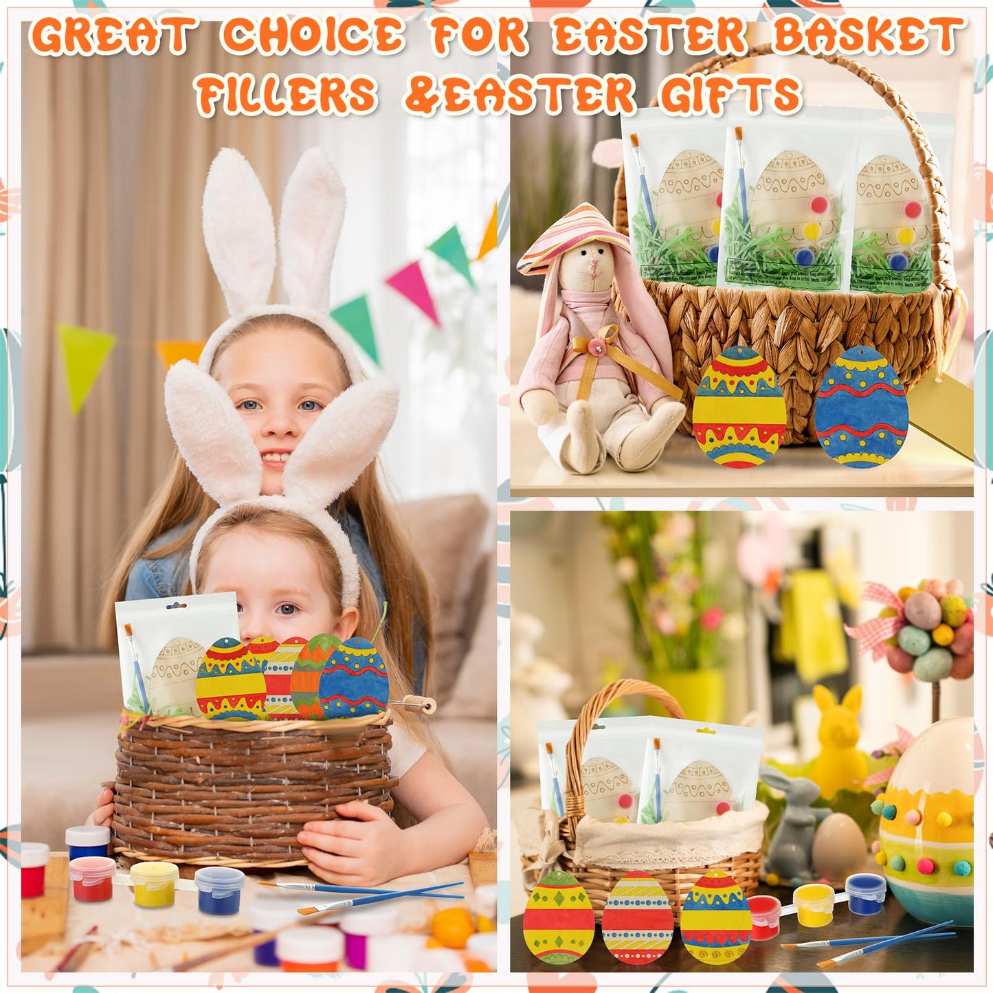 Foilswirl 30 Sets Wooden Easter Egg Ornaments to Paint – DIY Craft Kit with Paints, Brushes & Raffia