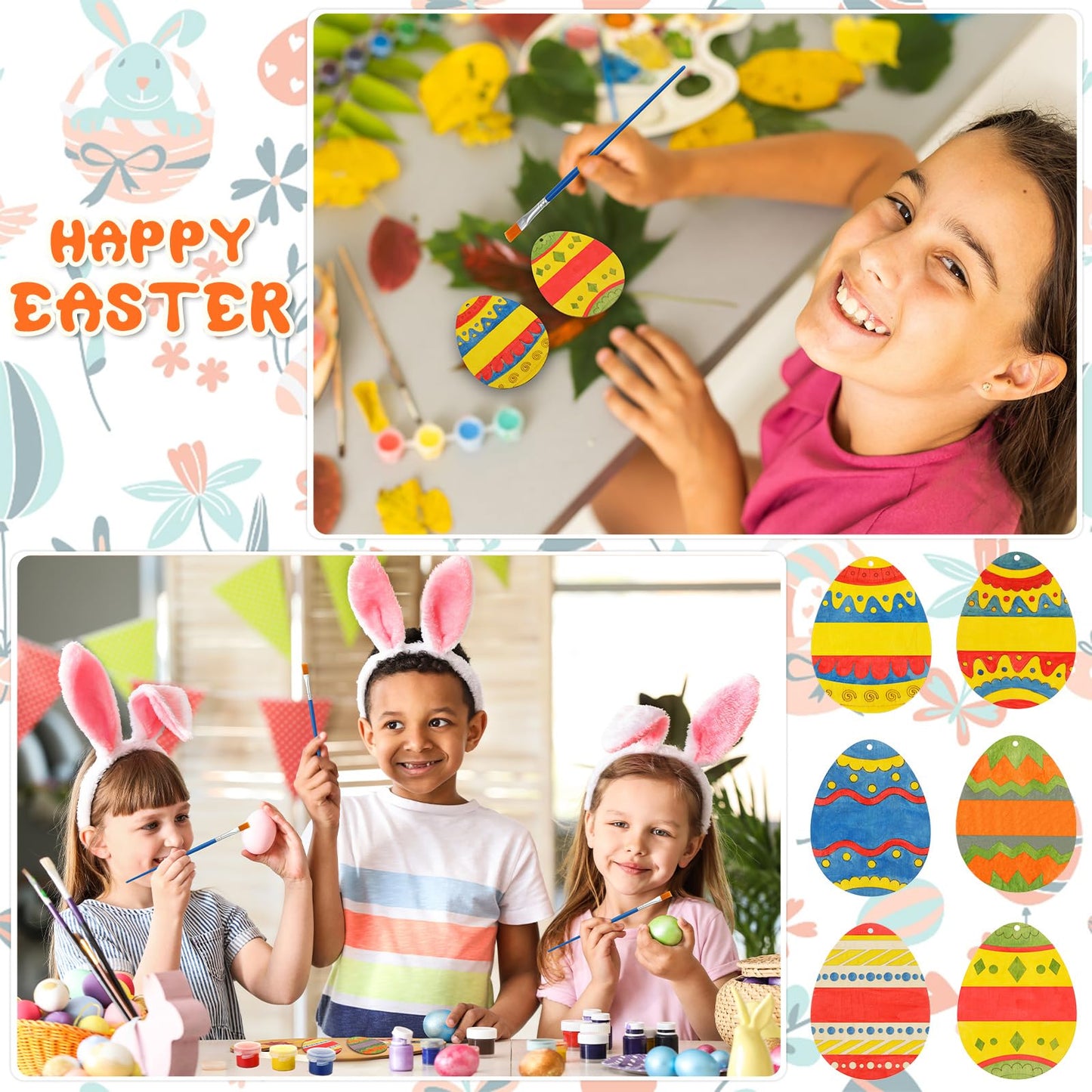 Foilswirl 30 Sets Wooden Easter Egg Ornaments to Paint – DIY Craft Kit with Paints, Brushes & Raffia