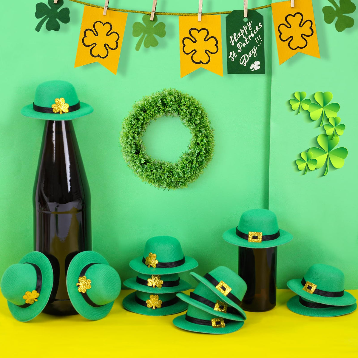 FOIMAS 12pcs Mini St Patrick's Day Hats – Glitter Shamrock Buckle Leprechaun Hats