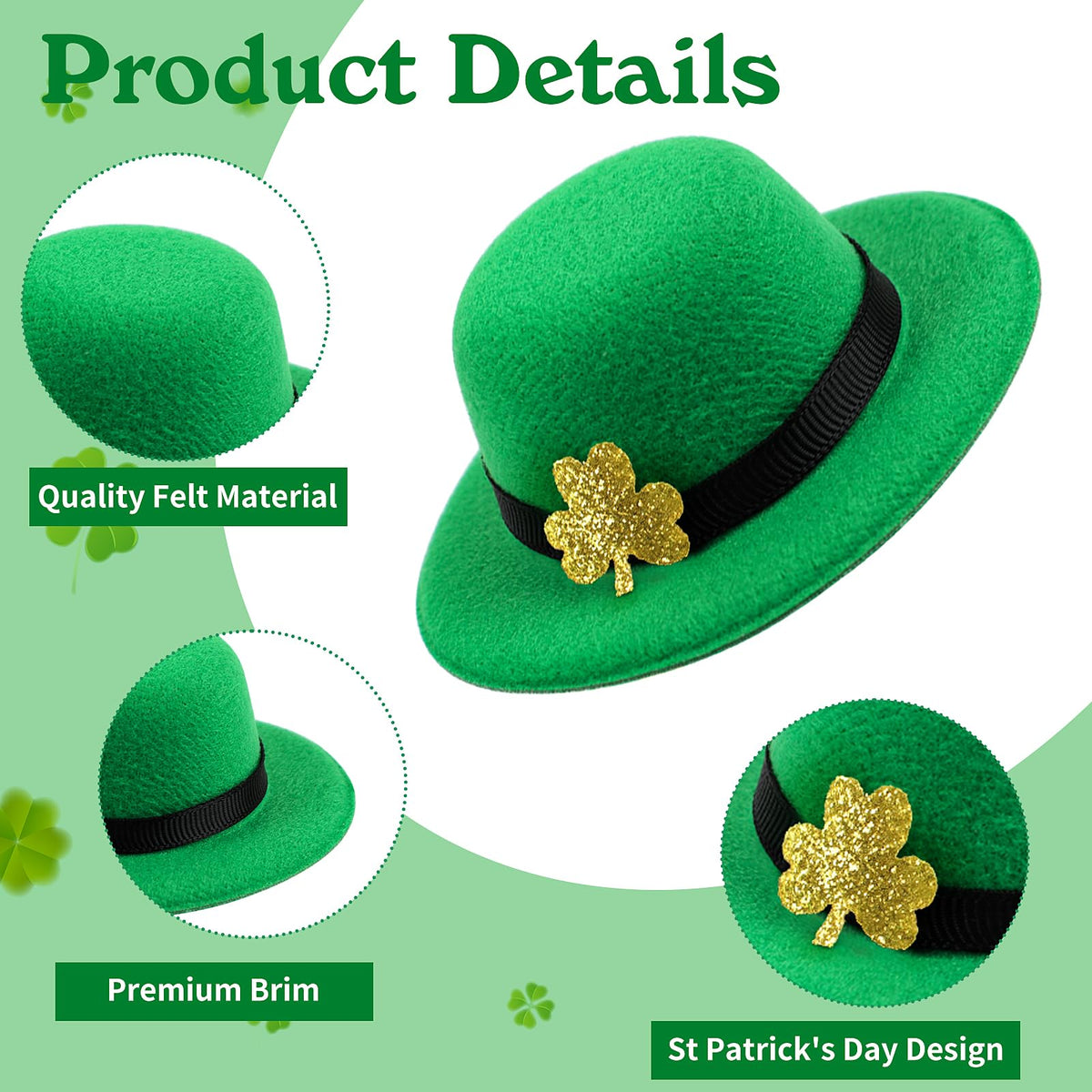 FOIMAS 12pcs Mini St Patrick's Day Hats – Glitter Shamrock Buckle Leprechaun Hats