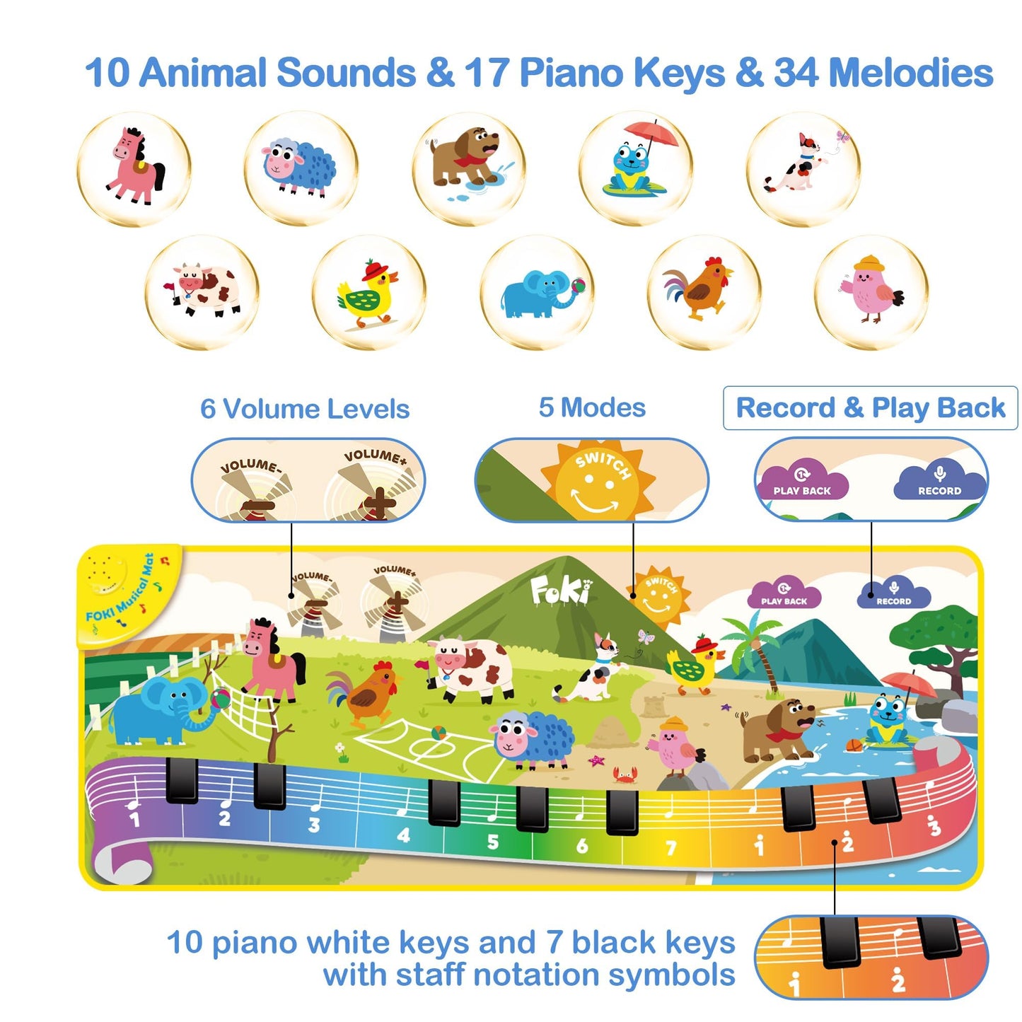 Foki Toddler Floor Piano Mat | 61 Animal Sounds, 150-Note Recording, Portable & Safe