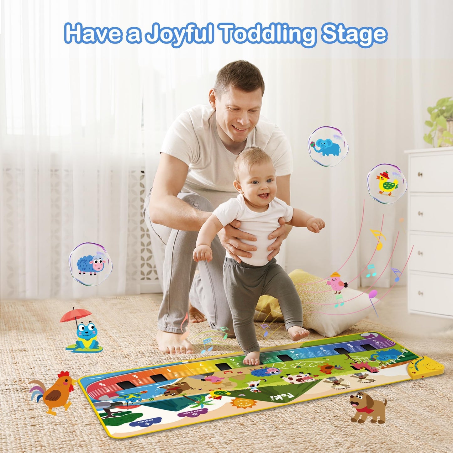 Foki Toddler Floor Piano Mat | 61 Animal Sounds, 150-Note Recording, Portable & Safe