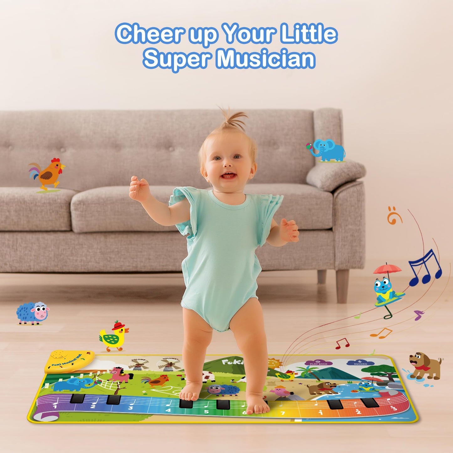Foki Toddler Floor Piano Mat | 61 Animal Sounds, 150-Note Recording, Portable & Safe