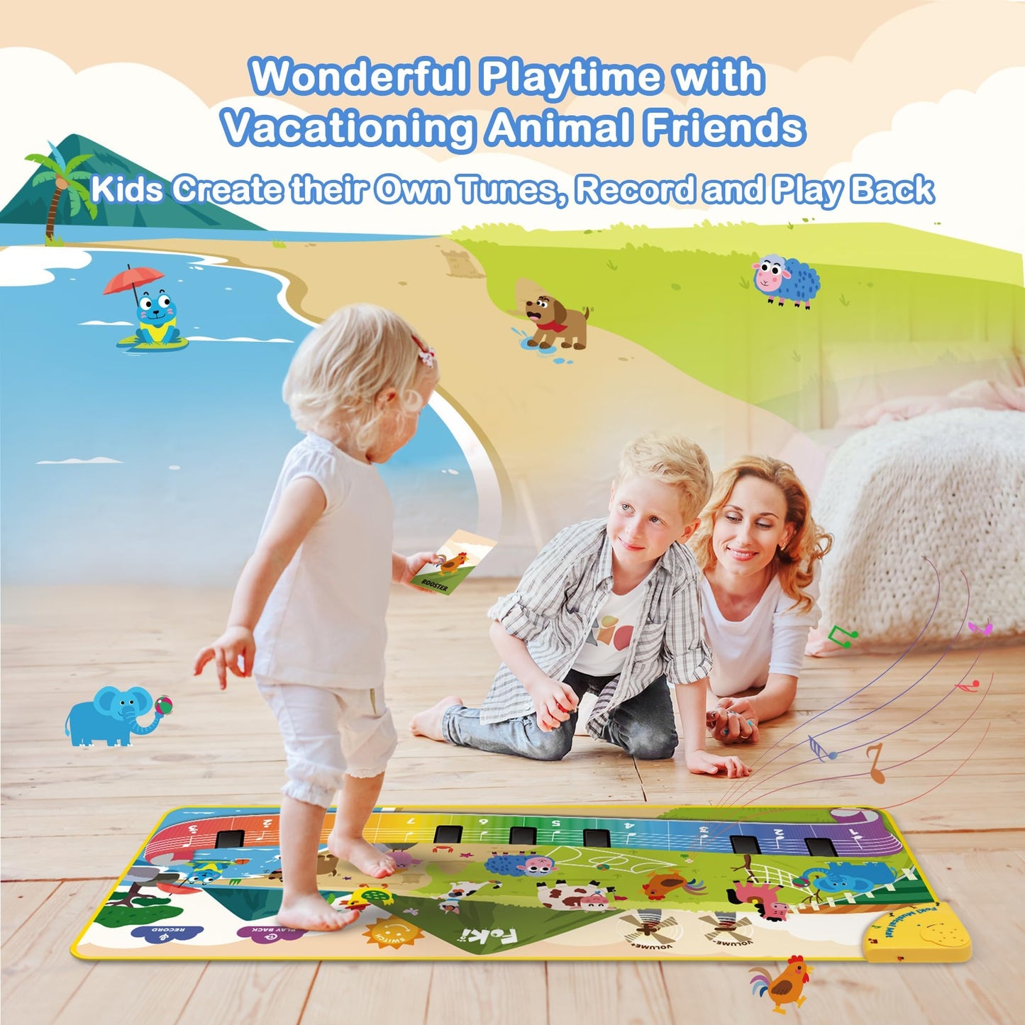 Foki Toddler Floor Piano Mat | 61 Animal Sounds, 150-Note Recording, Portable & Safe