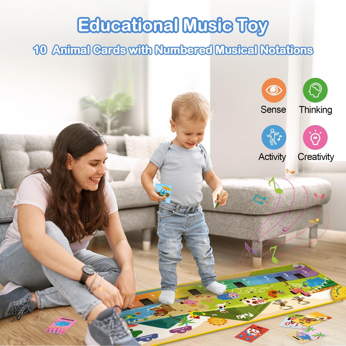 Foki Toddler Floor Piano Mat | 61 Animal Sounds, 150-Note Recording, Portable & Safe