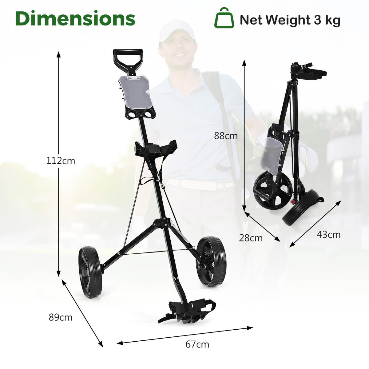 Foldable 2 Wheels Foldable Golf Cart with Scoreboard-Black