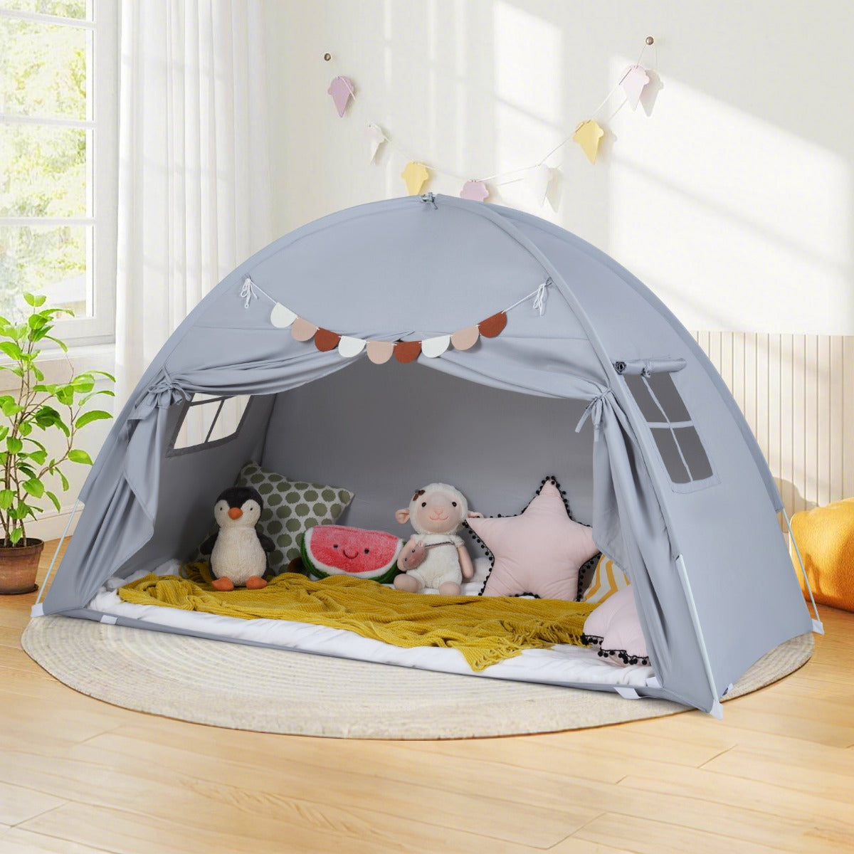 Foldable and Portable Canopy Tent on Twin Bunk Bed with 2 Windows-Beige