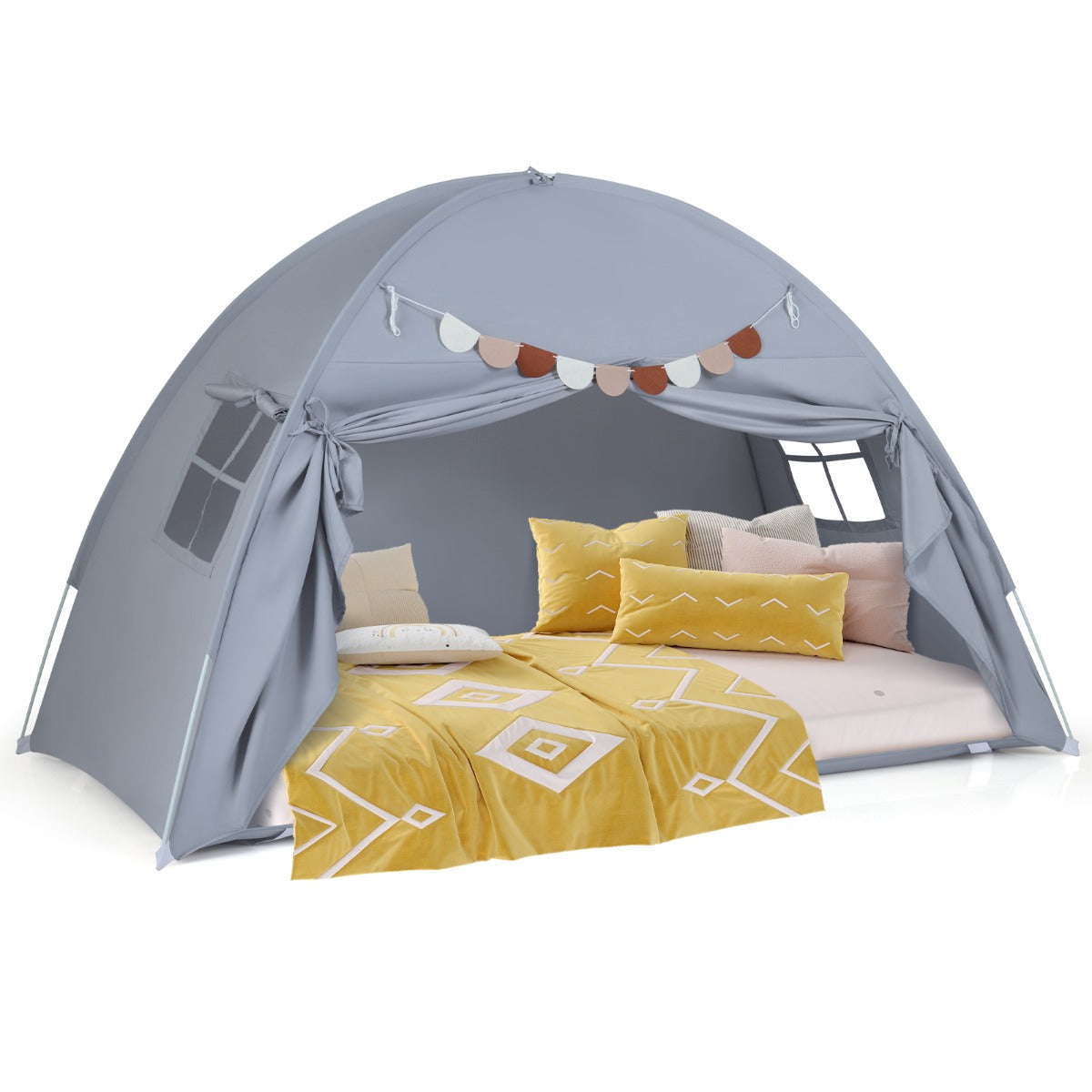 Foldable and Portable Canopy Tent on Twin Bunk Bed with 2 Windows-Beige