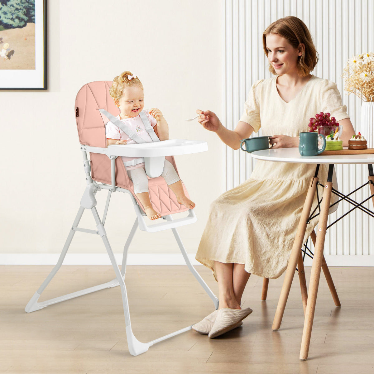 Foldable Baby High Chair with Removable Adjustable Tray-Beige